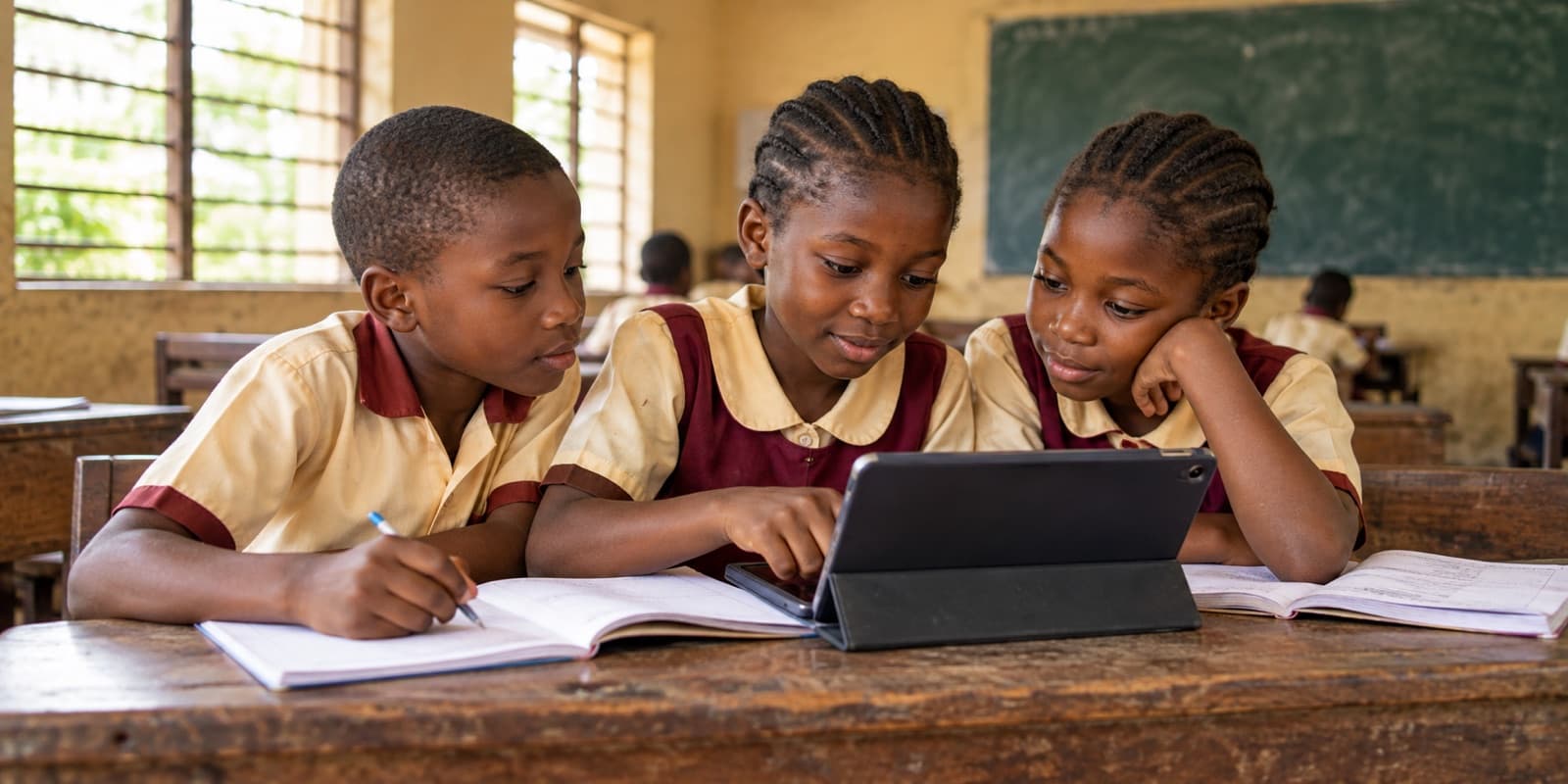 Three pupils learning together in a classroom
